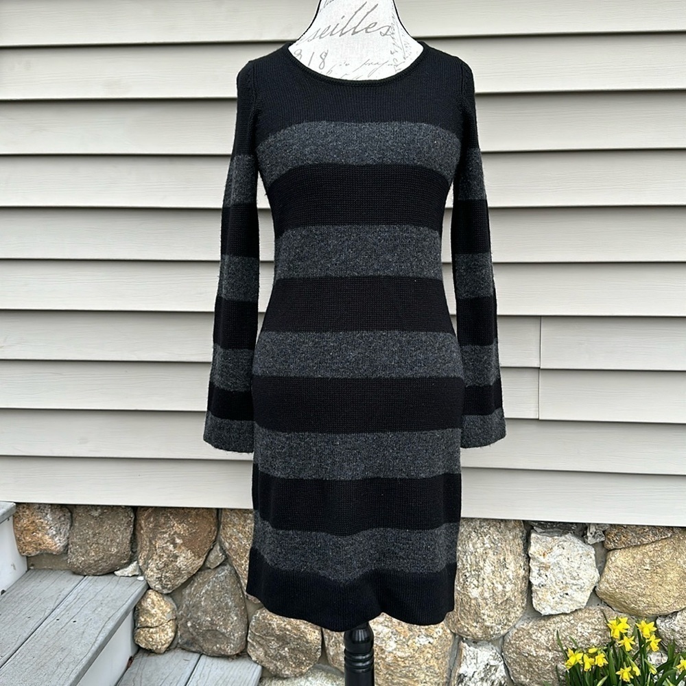 ANN TAYLOR LOFT Black and Charoal Striped Sequin Sweater Dress